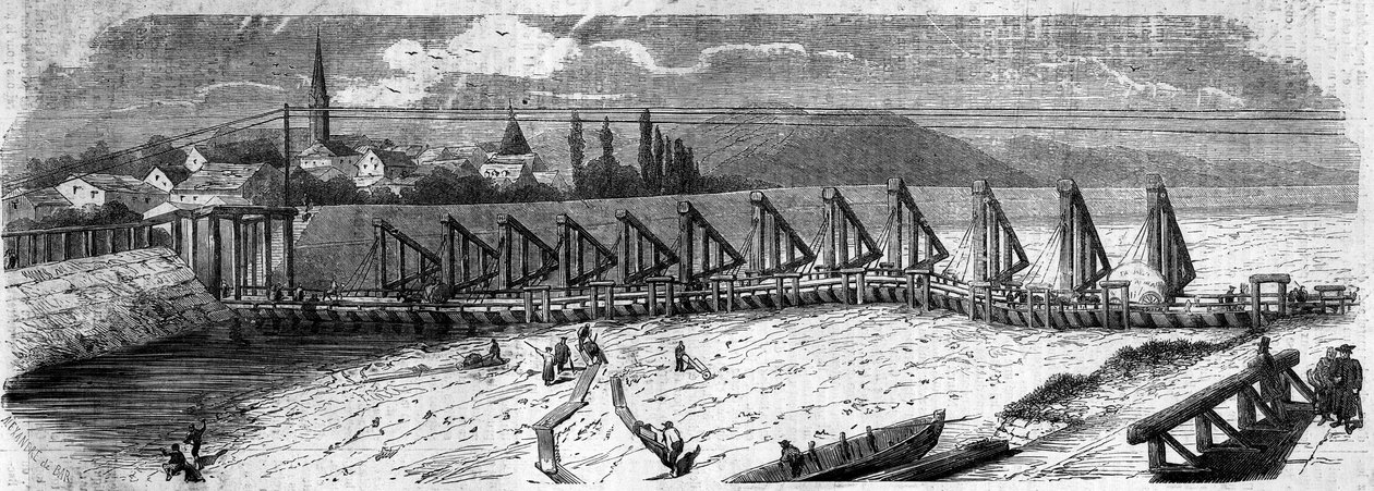 气象现象：1858年莱茵河的干涸。凯尔桥（德国）的景色，在法国海岸的下游拍摄。1858年3月27日《世界画报》第50期上的版画。 作者 法语学校