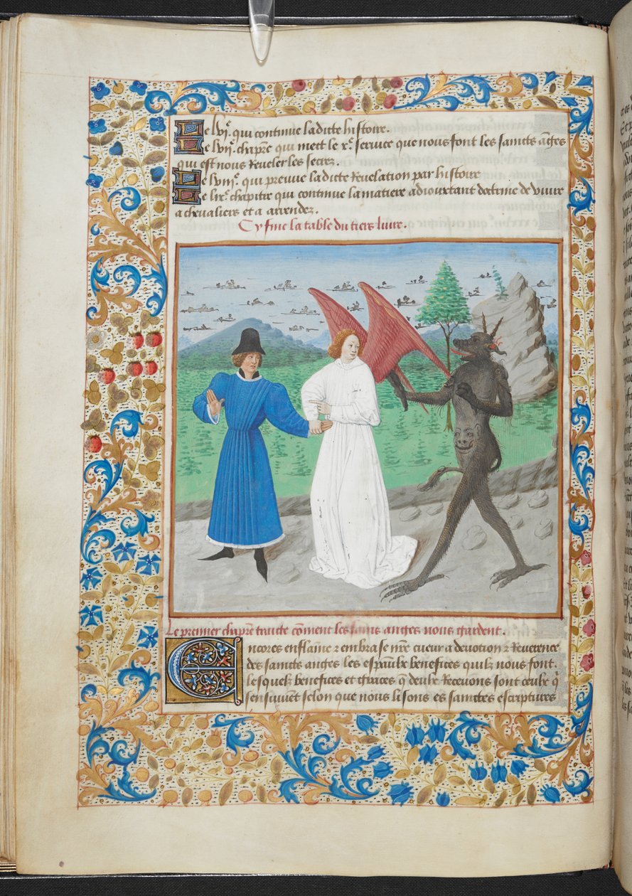 男子与守护天使和魔鬼的缩影 斯隆 MS 3049 f. 27，约 1480 年（牛皮纸） 作者 法语学校