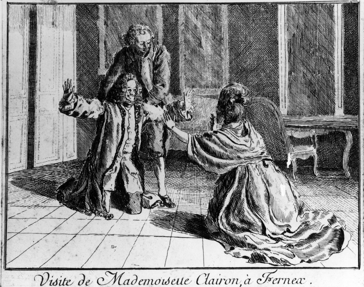 克莱隆小姐（Mademoiselle Clairon Josephe Leris de La Ttude dit Mademoiselle Clairon (1723 -1803) 法国女演员，访问了Ferney a Voltaire Engraving 18世纪。 作者 法语学校