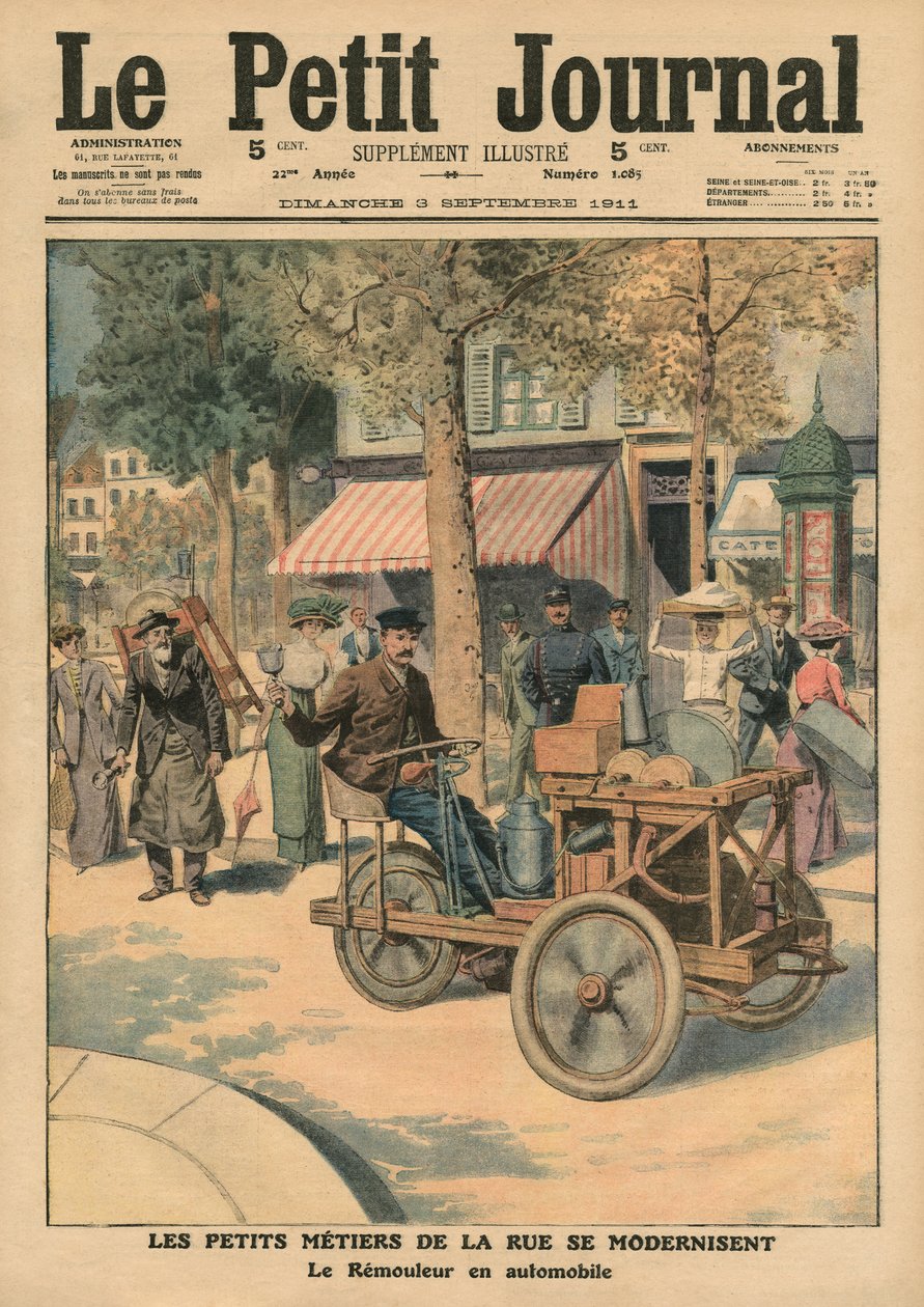 街道工作的现代化，他的车里的刀磨，“Le Petit Journal”插图，补充illustre，1911年9月3日（彩色光刻） 作者 法语学校