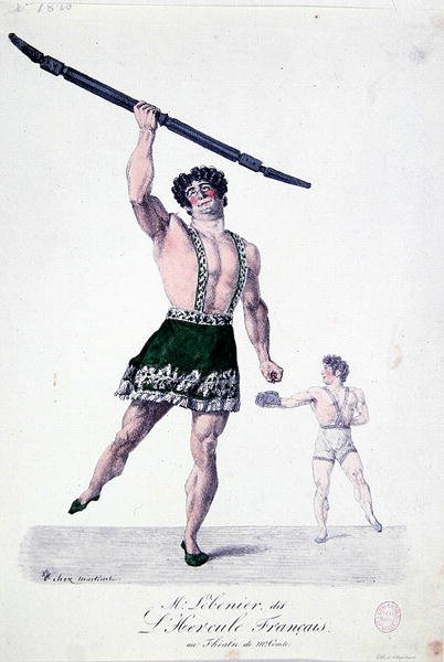 被称为 "法国大力士 "的勒贝尼耶先生，约1820-30年（彩色平版印刷）。 作者 法语学校