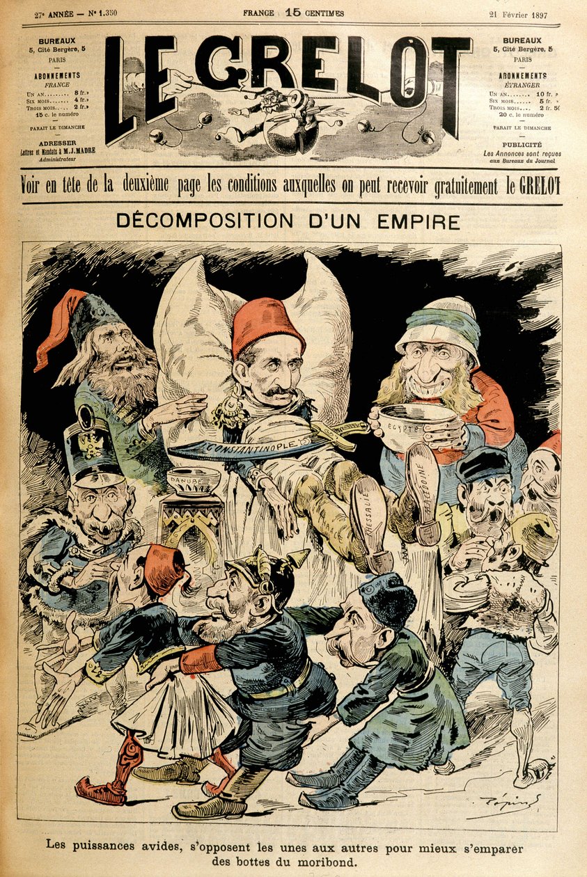 垂死的土耳其和外国势力为他的靴子而战，封面“”Le Grelot””21/2/1897。 作者 法语学校