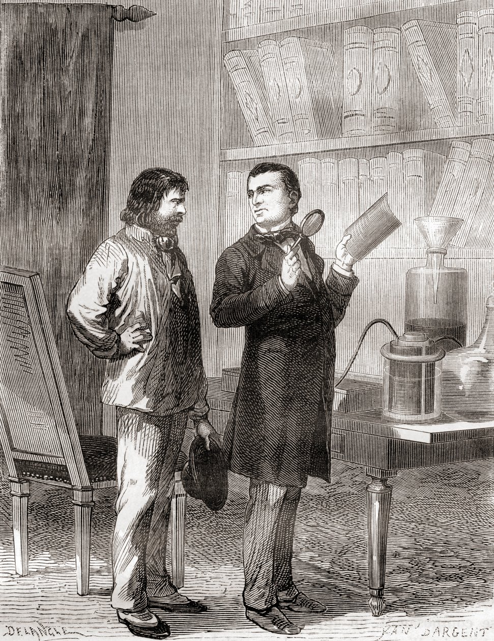 莫里茨·冯·雅各比（右）在 1838 年发现了电镀塑料或电铸，来自 Les Merveilles de la Science，出版于 1870 年（雕刻） 作者 法语学校