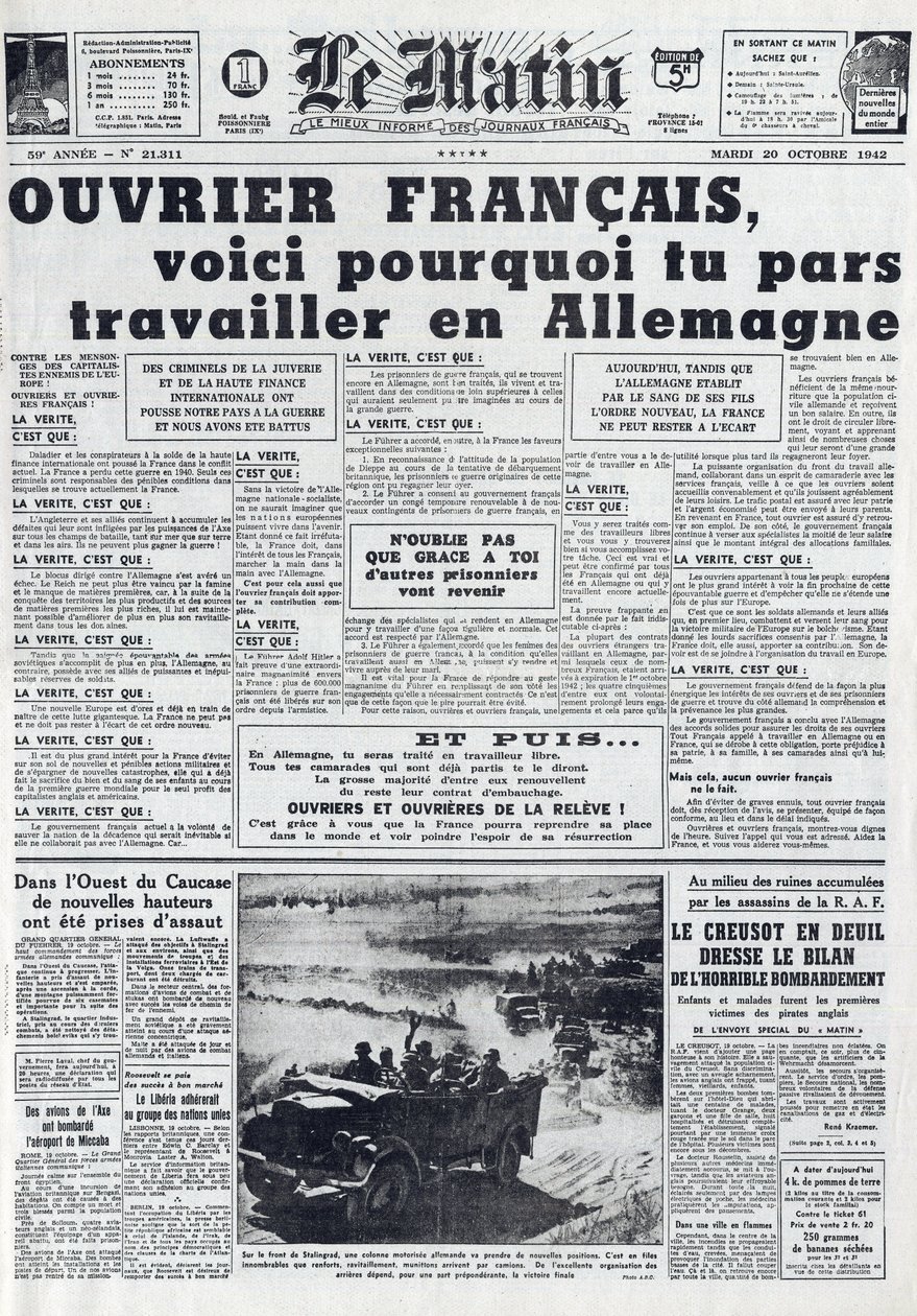 1942年10月20日第21311号晨报。斯托 - 义务劳动服务 - 为什么要去德国工作？ 作者 法语学校