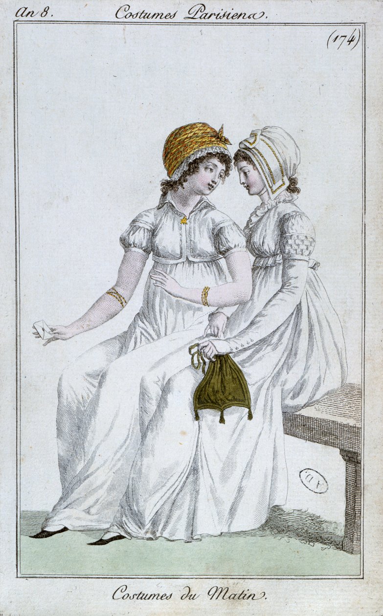 早晨服饰，来自Costumes Parisiens的时装板，1800 作者 法语学校