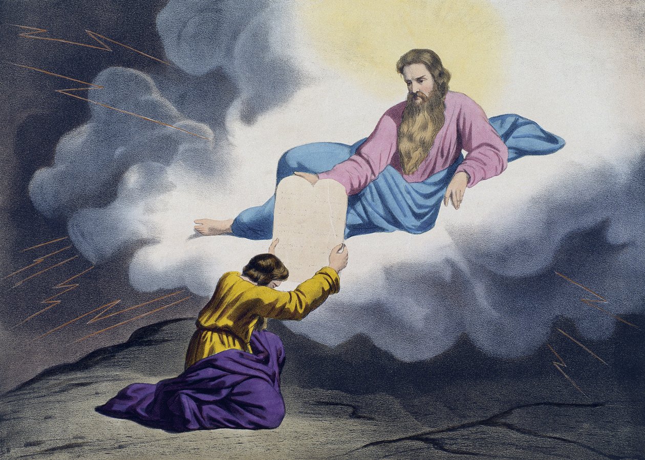 摩西收到了法律的平板电脑，插图来自教理问答LHistoire Sainte，由巴黎的Charles Delagrave出版，19世纪末期 作者 法语学校
