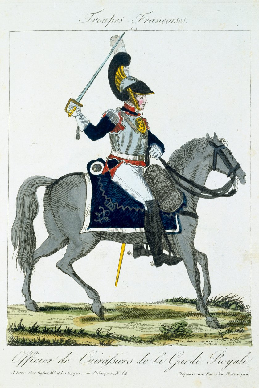 皇家卫队胸甲骑兵的骑兵，来自Troupes Francaises，酒吧。 chez Basset，Paris，c.1790 作者 法语学校