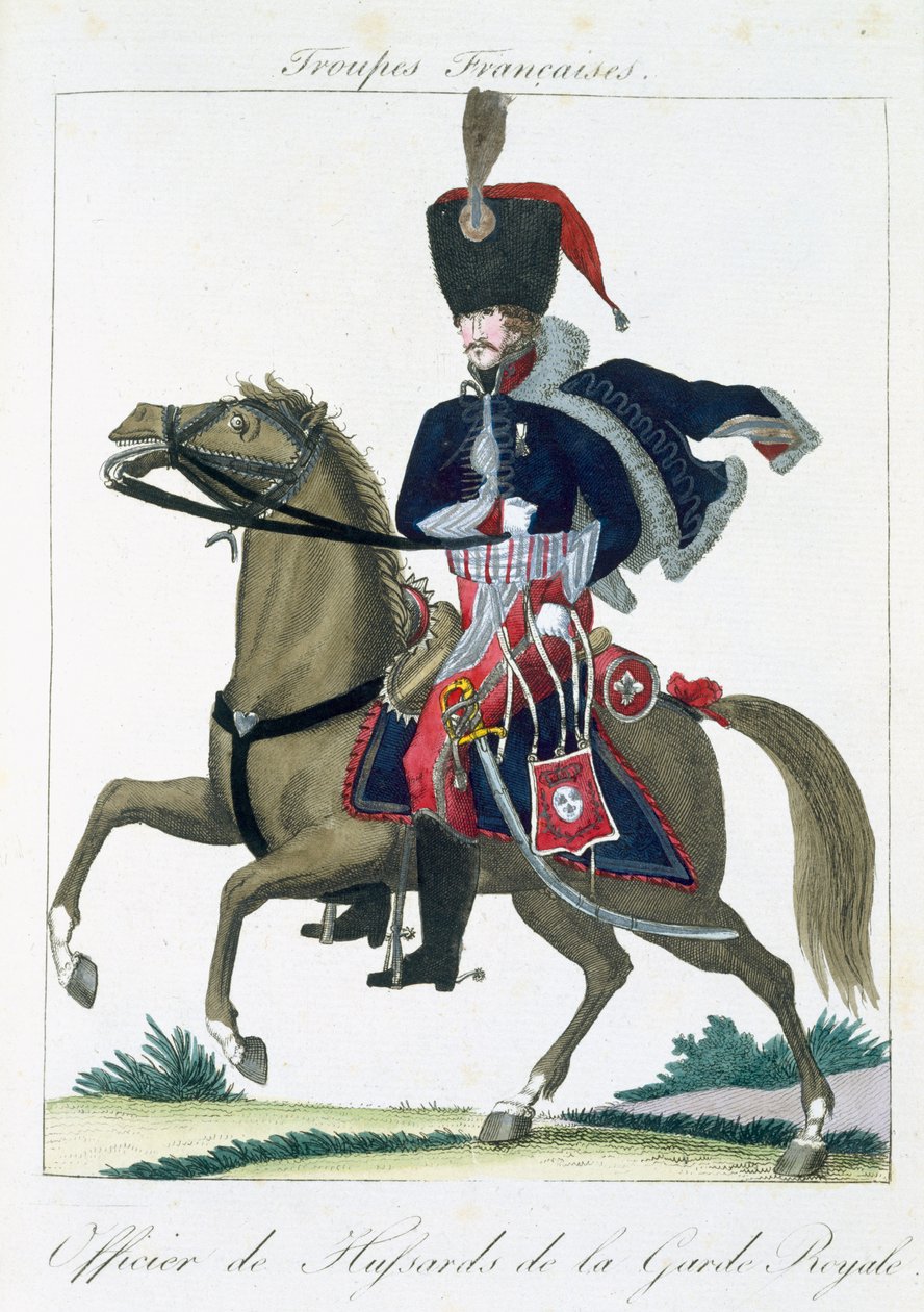 皇家卫队轻骑兵的骑兵，来自Troupes Francaises，酒吧。 chez Basset，Paris，c.1790 作者 法语学校