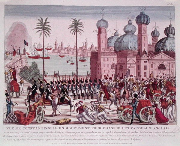 迫使英国船只离开君士坦丁堡的军队行动，1807年3月21日（彩色雕刻）。 作者 法语学校