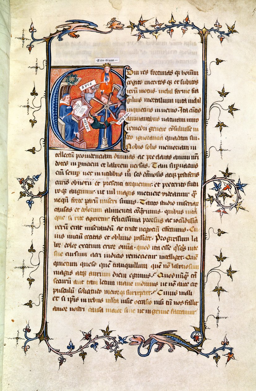 Ms.239 fol.1页面上有一个历史性的Initial描绘了一个坐在财富之轮前的男人，来自Petrarch的“De Remediis Utriusque Fortunae”（1304-74） 作者 法语学校