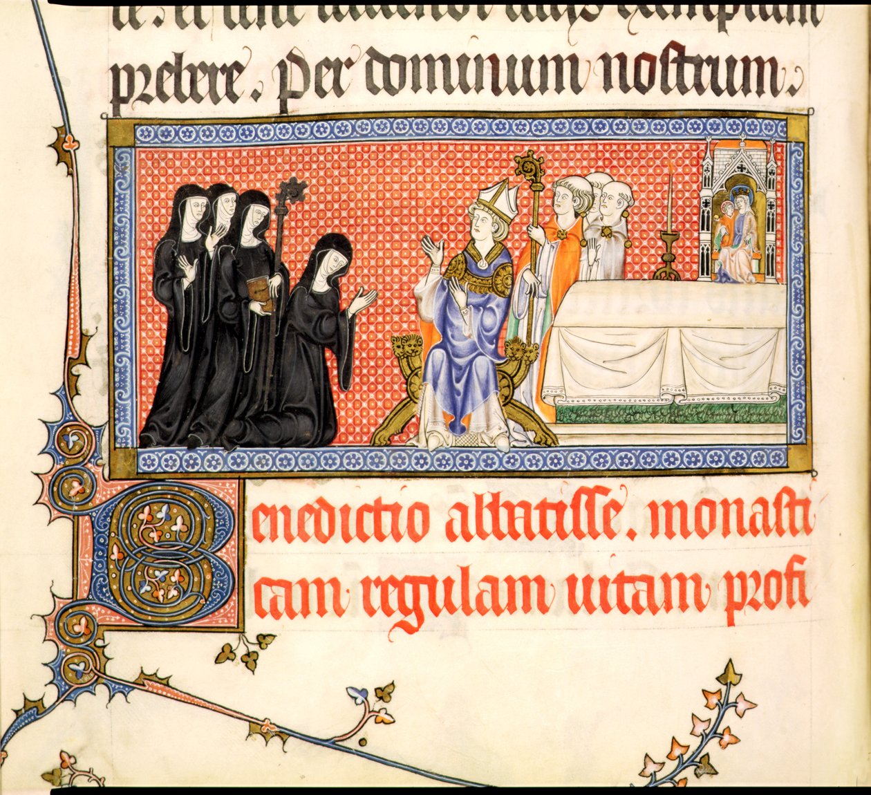 Ms.298 f82v Metz Pontifical的一位修道院的演讲，为Metz的主教Raymond Bar撰写，1302-16 作者 法语学校