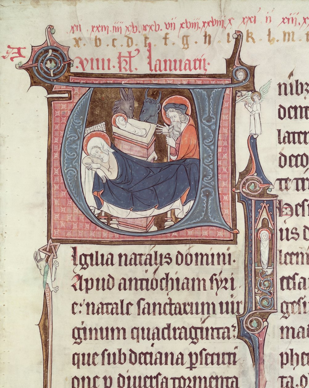 Ms.838 fol.55历史上的缩写U和我在1270年之后描绘了来自Obituaire de Notre Dame de Pres的诞生和婴儿基督（另见155905） 作者 法语学校