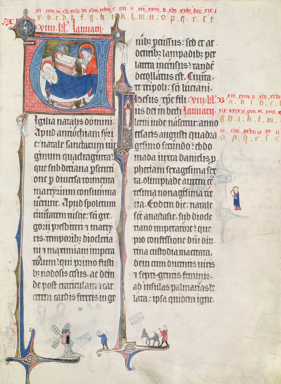 Ms.838 fol.55 1270年之后，来自&39;Obituaire de Notre Dame de Pres&39;的历史首字母&39;U&39;和&39;I&39;描绘了耶稣诞生和婴儿基督（另见155905） 作者 法语学校