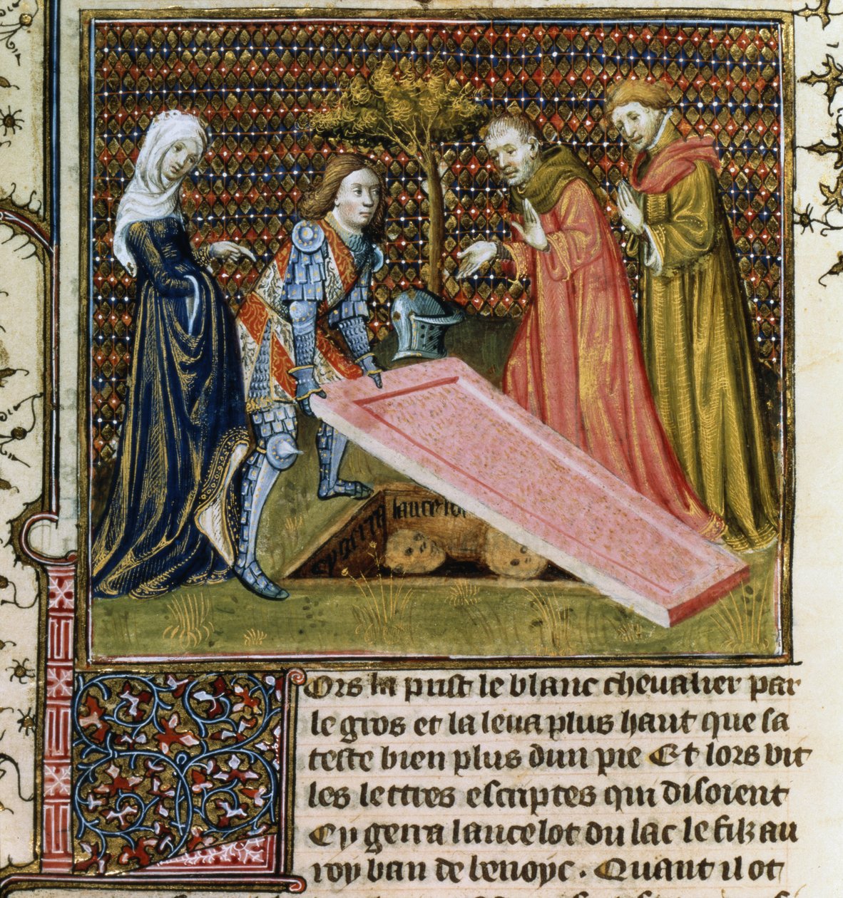 女士F.118 f.190 Lancelot将石头从他自己的预定坟墓中抬起，并从Livre de Messire Lancelot du Lac学习他的名字和血统。 作者 法语学校