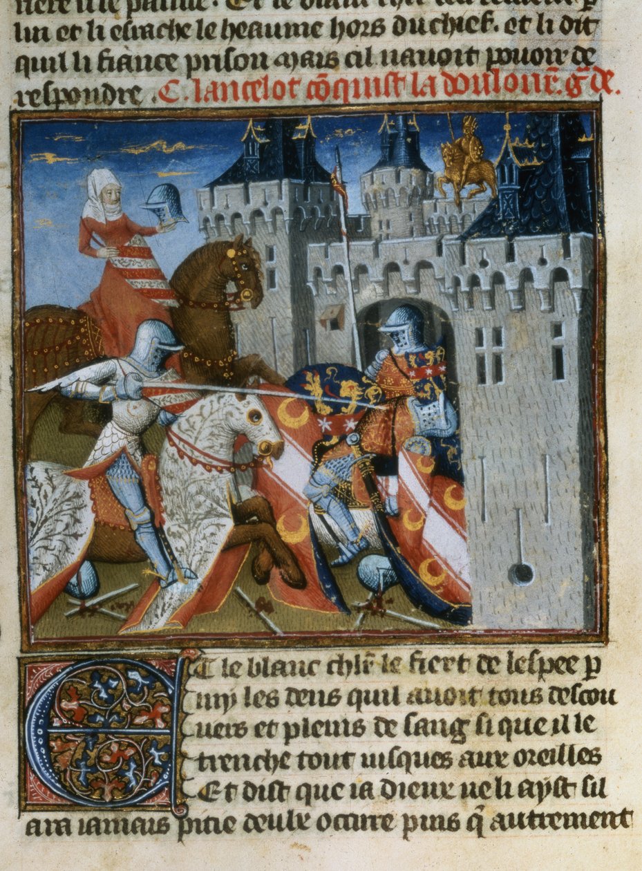 Ms.Fr 118 f.189v兰斯洛特爵士借助于湖中夫人从Livre de Messire Lancelot du Lac给予他的新盾牌捕获了Dolorous Garde 作者 法语学校