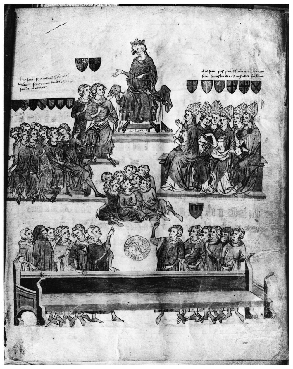 Ms.Fr. 18437对2同行的法院由Philippe VI（1293-1350）主持，来自Proces de Robert III dArtois（1287-1342）comte de Beaumont，1336（另见85900） 作者 法语学校