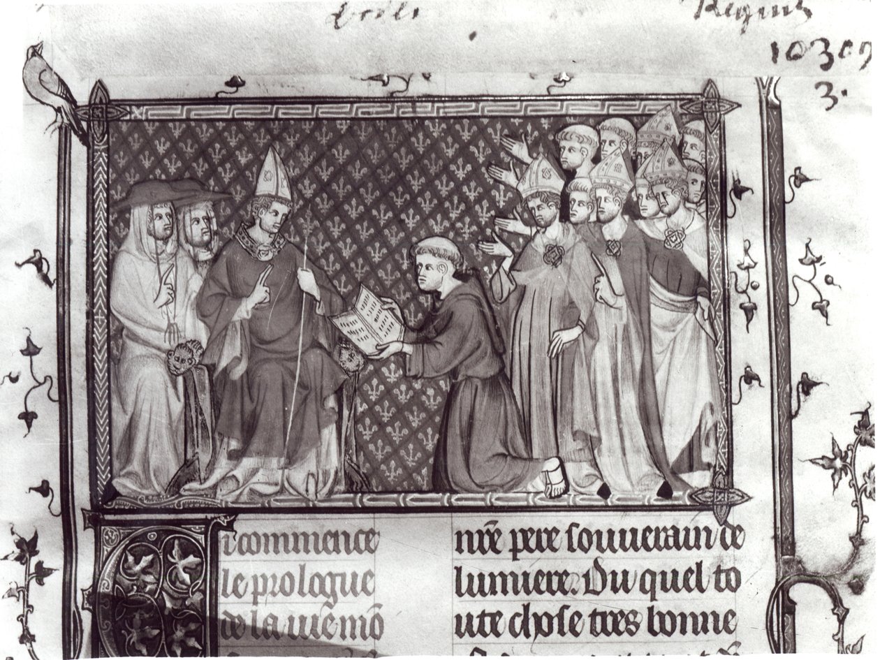 Ms.Fr. 5716 f.2 Jean dAntioch在Martin IV之前，来自圣路易斯的Life and Miracles，c.1330-40 作者 法语学校