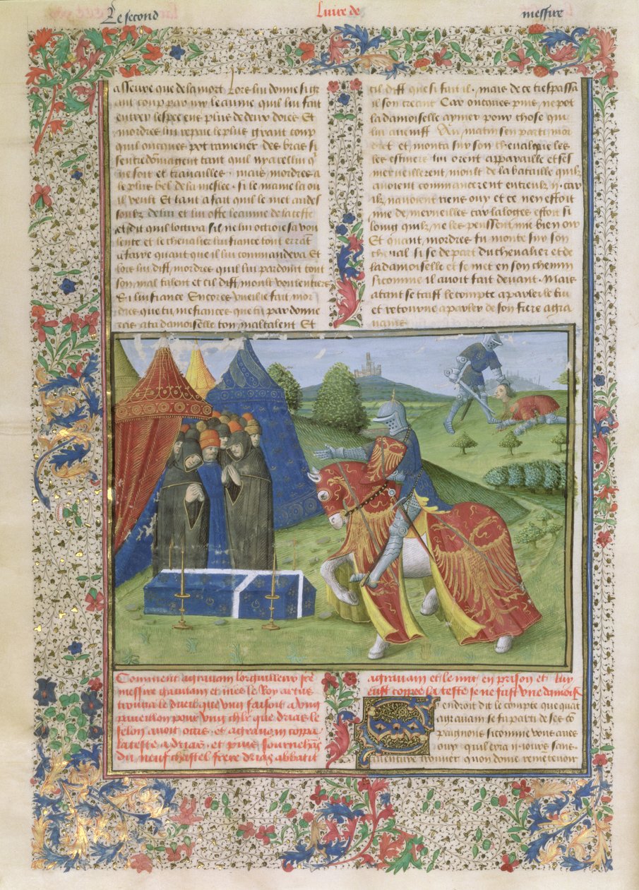 Ms 115 f.425v 兰斯洛特杀死阿格文爵士（羊皮纸） 作者 法语学校