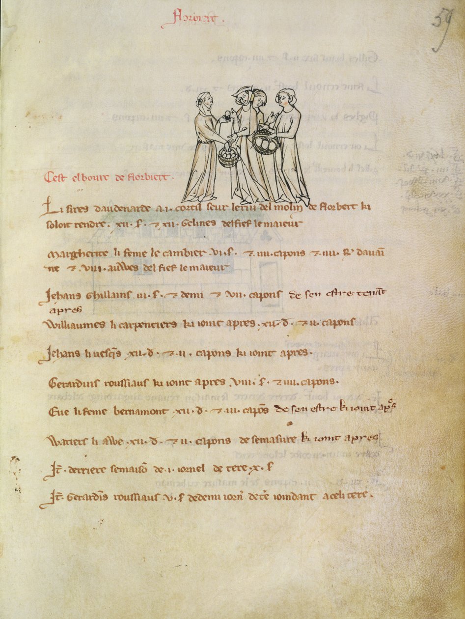 1175 f.59r女性购买鸡蛋，来自Vieil Rentier dAudenarde，1291-1302 作者 法语学校