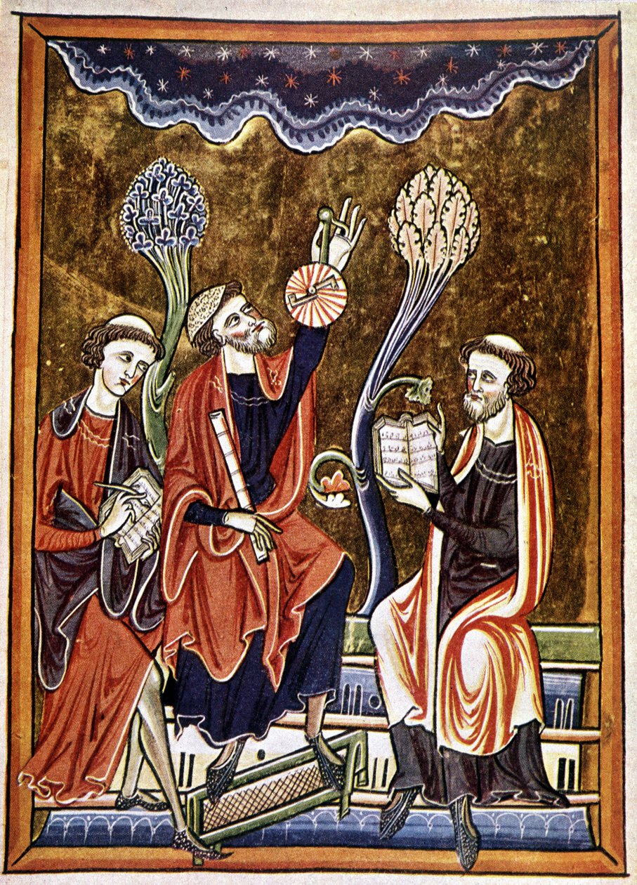 Ms 1186 f.1, The Astronomer, the Clerk and the Computist, 复制自圣路易斯和布兰奇德卡斯蒂利亚的圣歌 (Psalter) 的缩影 作者 法语学校