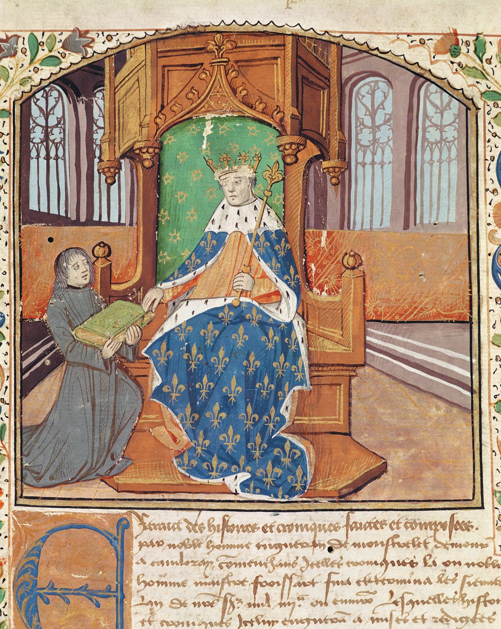 1468女士fol.1作者向Les Chroniques de Monstrelet的查理七世国王提供了他的书 作者 法语学校
