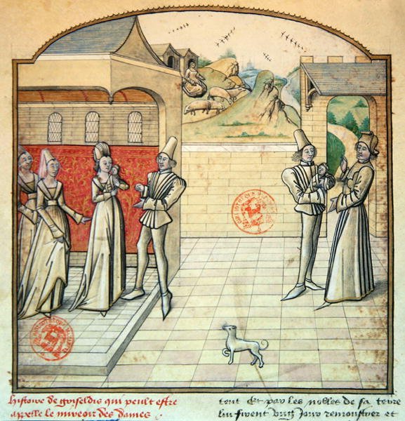 1560年 格里瑟尔迪斯和她的丈夫萨鲁斯侯爵，插图来自《Fleur des Histoires》，出自乔万尼-薄伽丘（牛皮纸）。 作者 法语学校