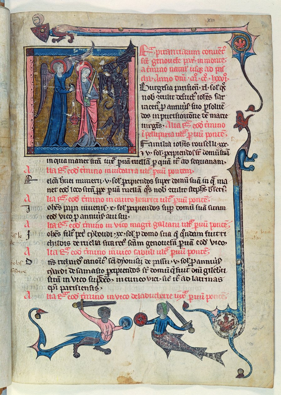 女士16261 fol.13v圣吉纳维芙在一位天使的帮助下与一名天使战斗，来自查尔斯·塞巴特·辛纳维芙 作者 法语学校