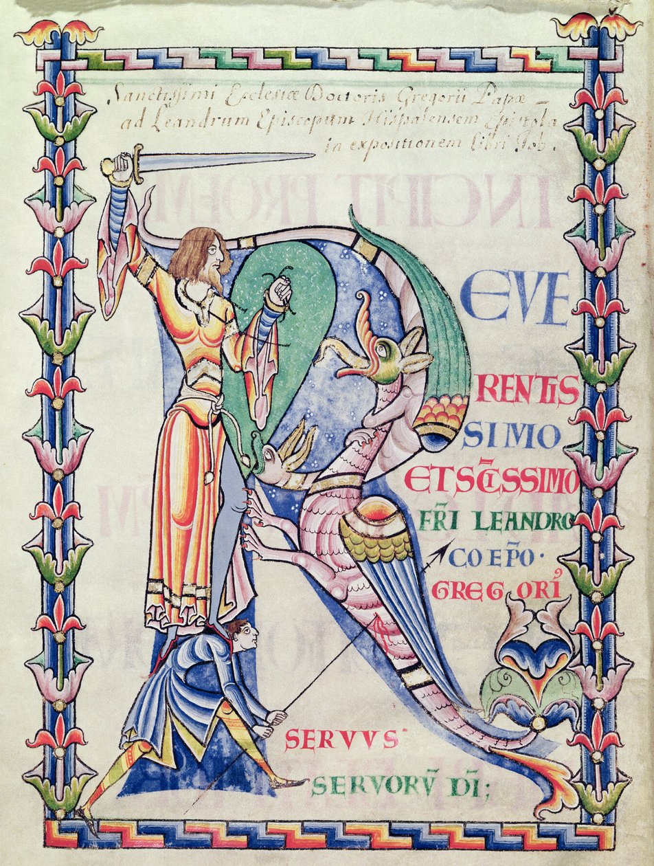 Ms 168 f.4v历史上的初始R描绘了一位骑士与龙战斗，来自教皇格雷戈里大帝的道德 作者 法语学校