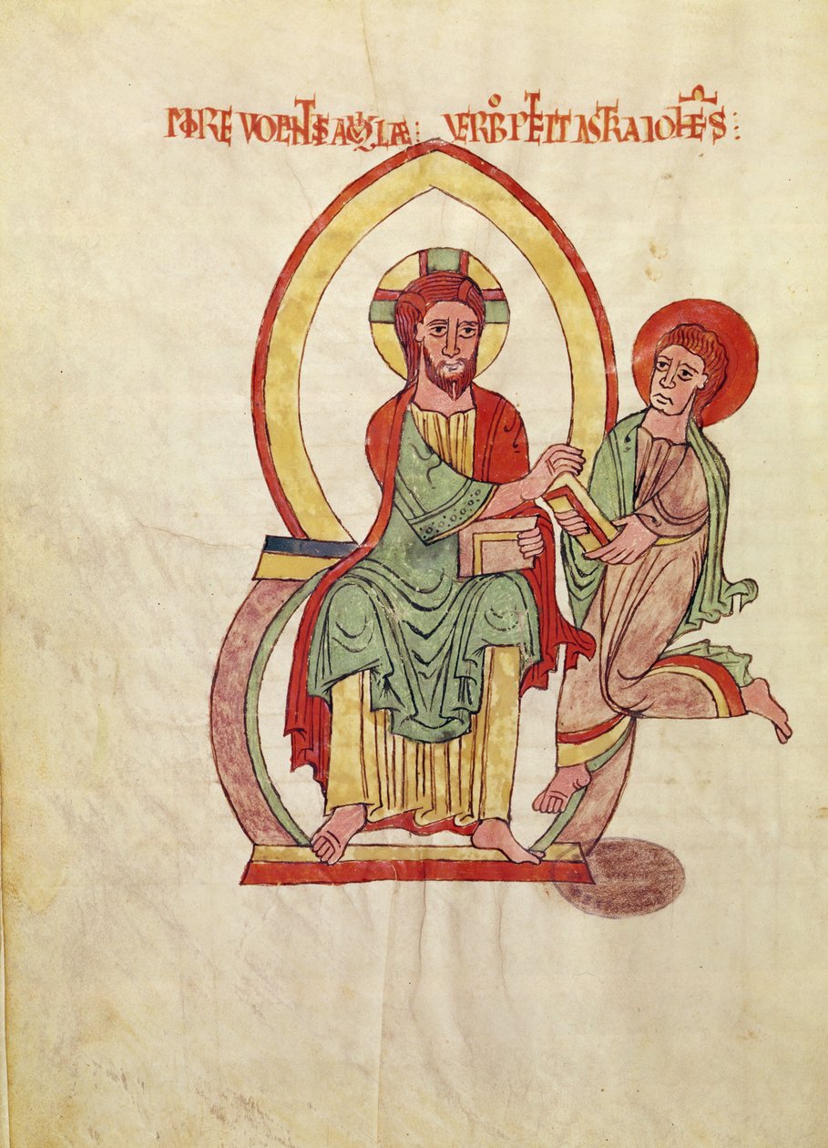 1 Fol 111v Saint John女士跑来接受基督的福音，坐在一个曼陀罗中，是圣米歇尔 - 德库萨福音的缩影，c.1070-1130 作者 法语学校