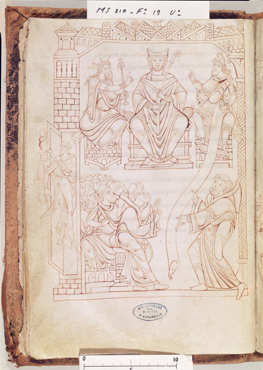 女士210 fol 19v。圣米歇尔山的地图：诺曼底公爵理查德二世向11世纪50年代圣米歇尔山修道院赠送土地和特权 作者 法语学校