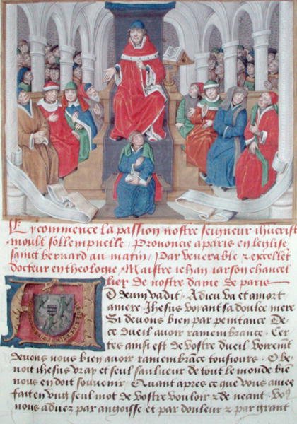 230岁的Jean de Gerson女士（1363-1429）早上在巴黎圣伯纳德教堂宣讲激情，来自Sermons sur la Passion et Traites Divers，c.1480 作者 法语学校