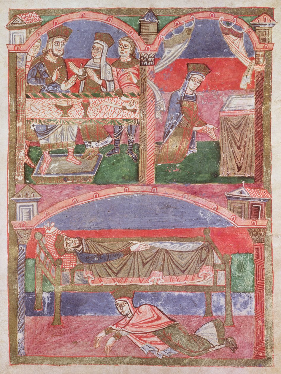 女士250 f.24r St. Radegund（518-87）在Clothar I（497-561）的桌子上，在她的演讲厅和皇家床脚下，来自圣拉德贡的生活 作者 法语学校
