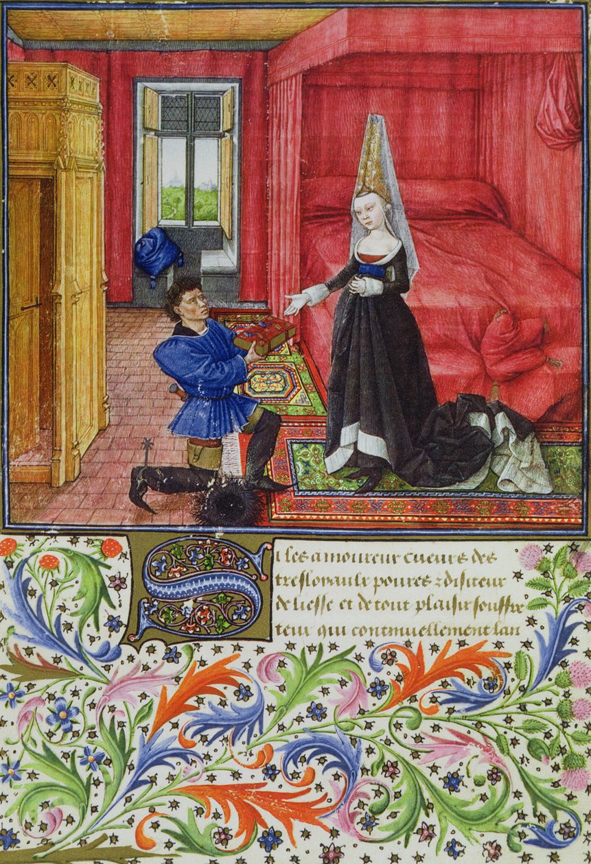 2617女士抄写员将La Teseida献给一位来自La Teseida的未知年轻女士，Giovanni Boccaccio（1313-75）1340-41 作者 法语学校