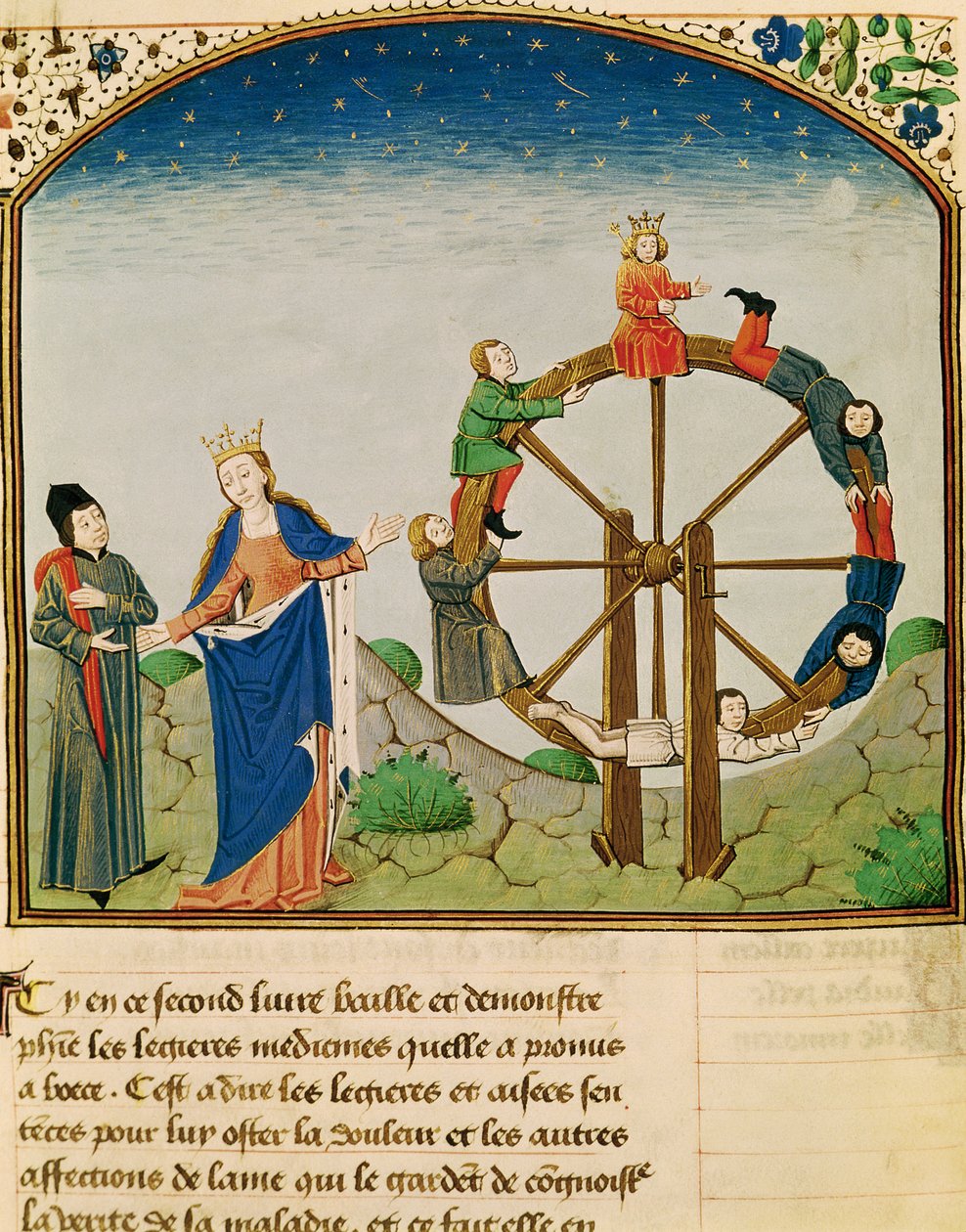 女士3045 fol.22v波伊提乌与命运之轮，从哲学的慰藉，由吉恩·默恩翻译 作者 法语学校