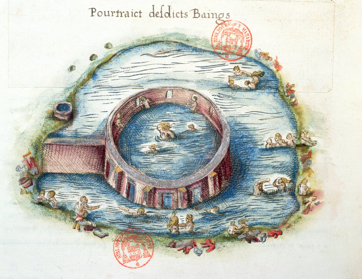 3242年Bourbon-Lancy浴室，来自Generale Description du Bourbonnais的插图，由Nicolas de Nicolay撰写，1569年（纸上写着） 作者 法语学校