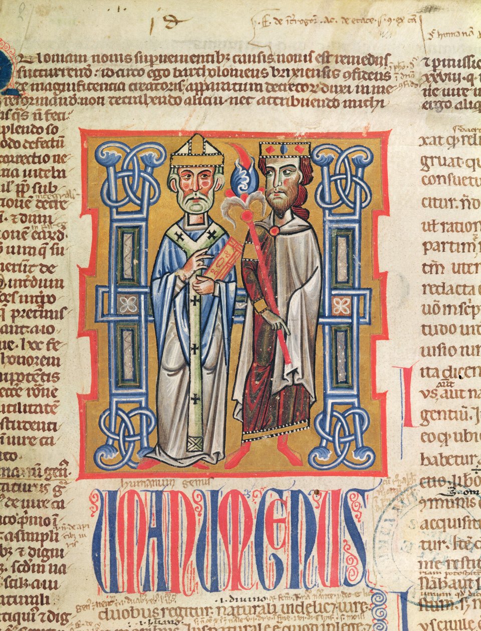 女士354 fol.9 14世纪Decretum Gratiani的一位主教和国王的缩影 作者 法语学校