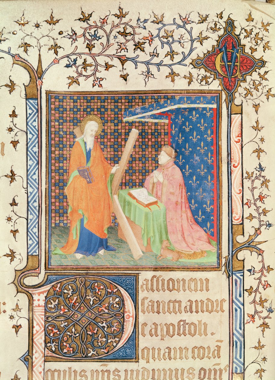 35岁以下的女士Jean de France（1340-1416）Duc de Berry在圣安德鲁之前祈祷，来自Sainte-Chapelle de Bourges的教会，c.1404-10 作者 法语学校