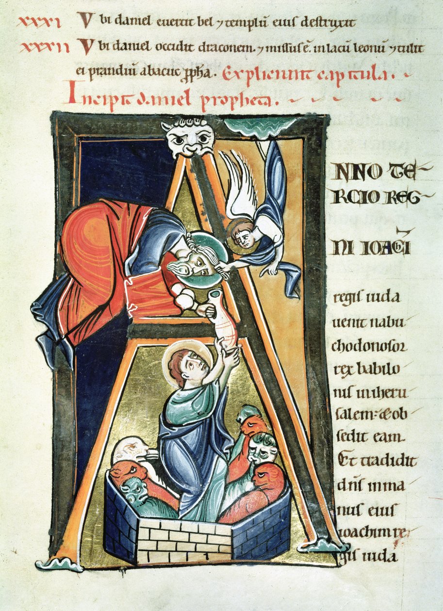 Ms 3 fol.233历史性的首字母A描绘了狮子书中的丹尼尔，来自圣保罗圣保禄圣经 作者 法语学校