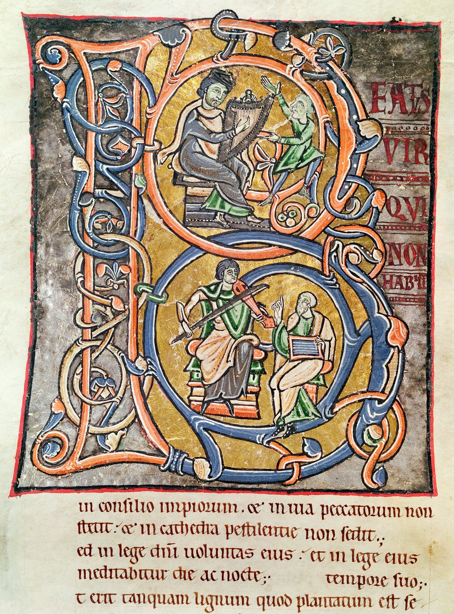 Ms 3 fol.255历史悠久的&39;B&39;描绘了大卫王，来自&39;圣保罗圣保禄&39; 作者 法语学校