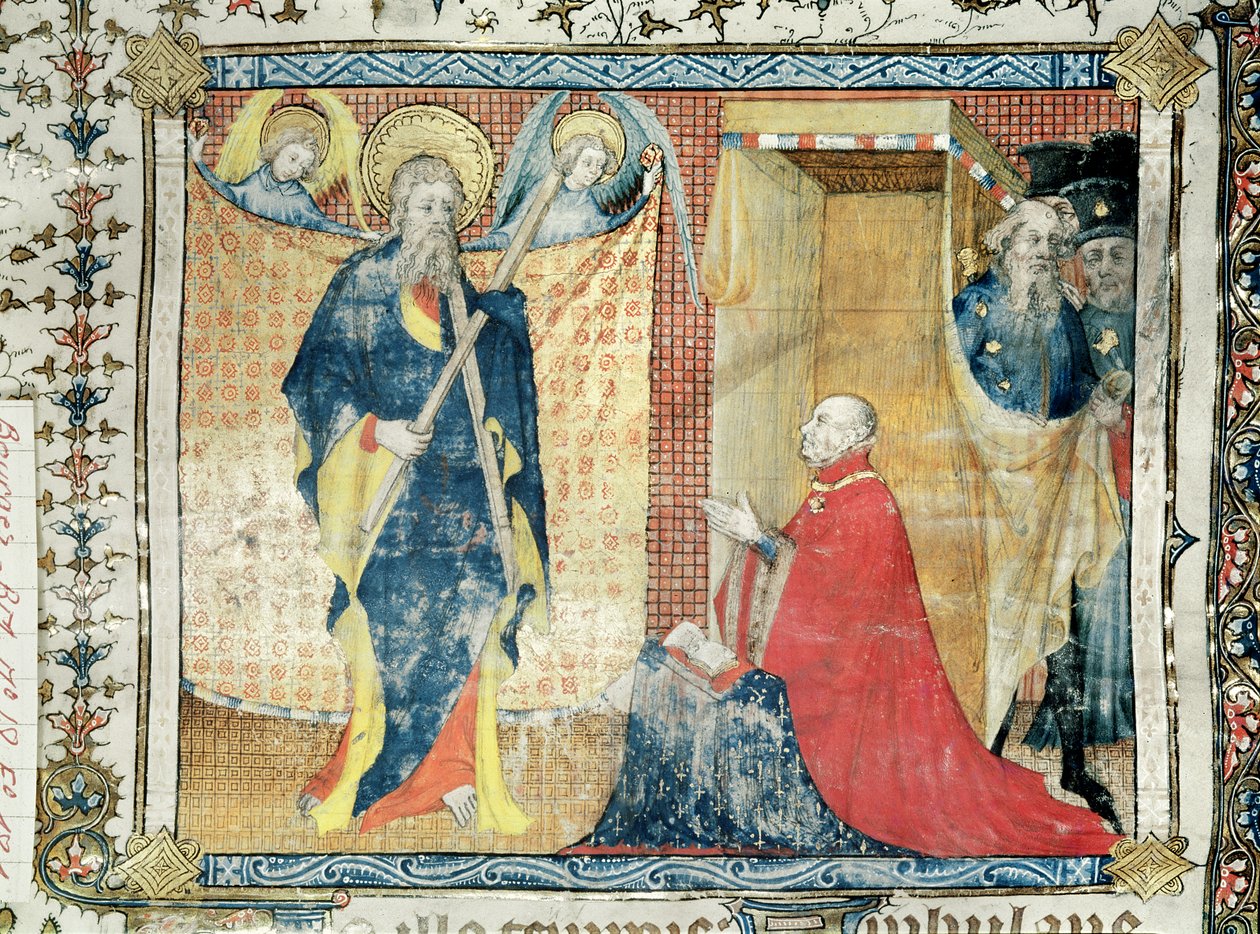 48岁的法国女士Jean（1840-1416）Berry公爵在圣安德鲁之前祈祷，来自Sainte-Chapelle de Bourges的教会，c.1404-10 作者 法语学校