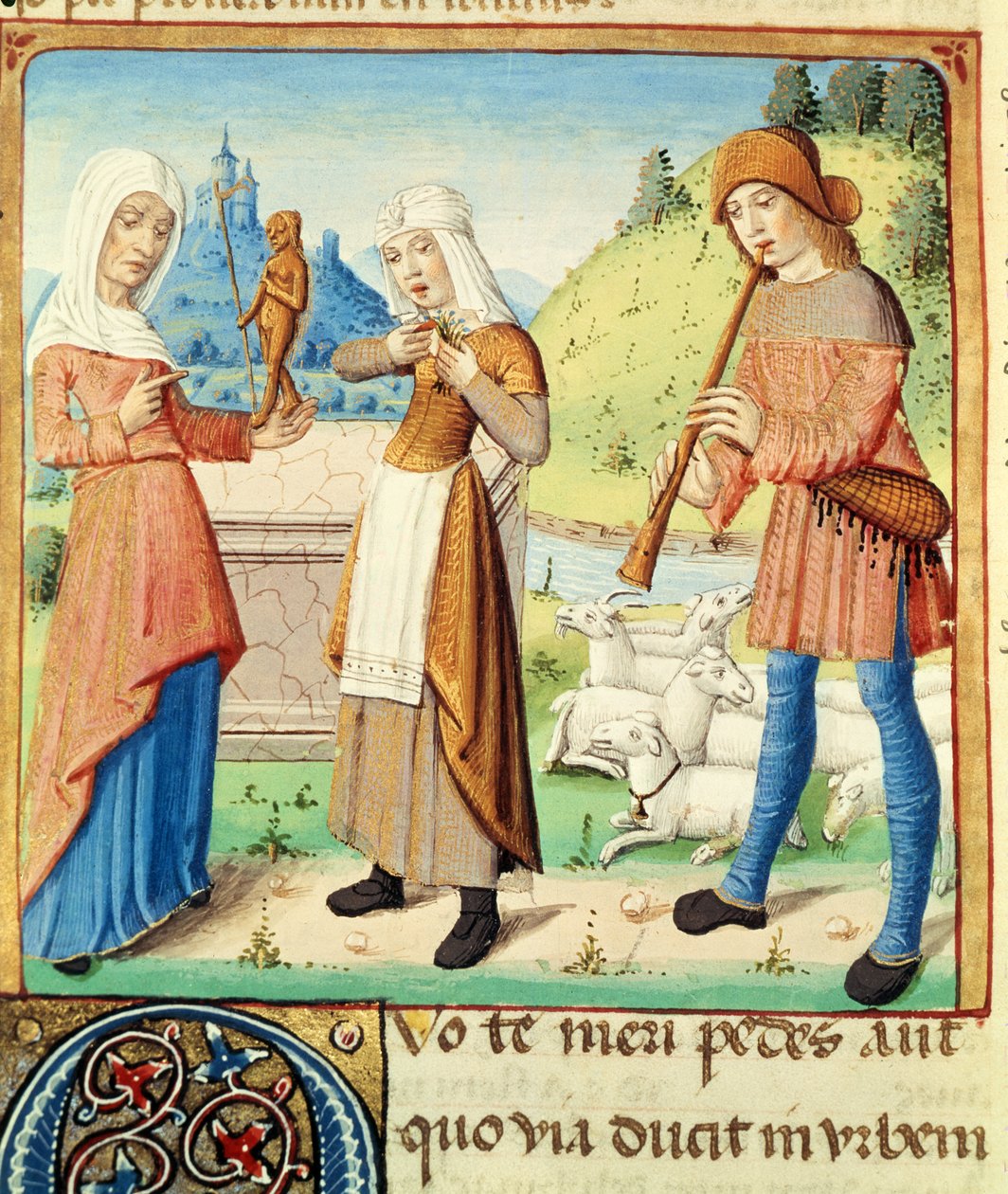女士493 fol.15v牧羊人Menalcas和他的单恋，来自Virgil的Eclogues和Servius的评论，1469 作者 法语学校