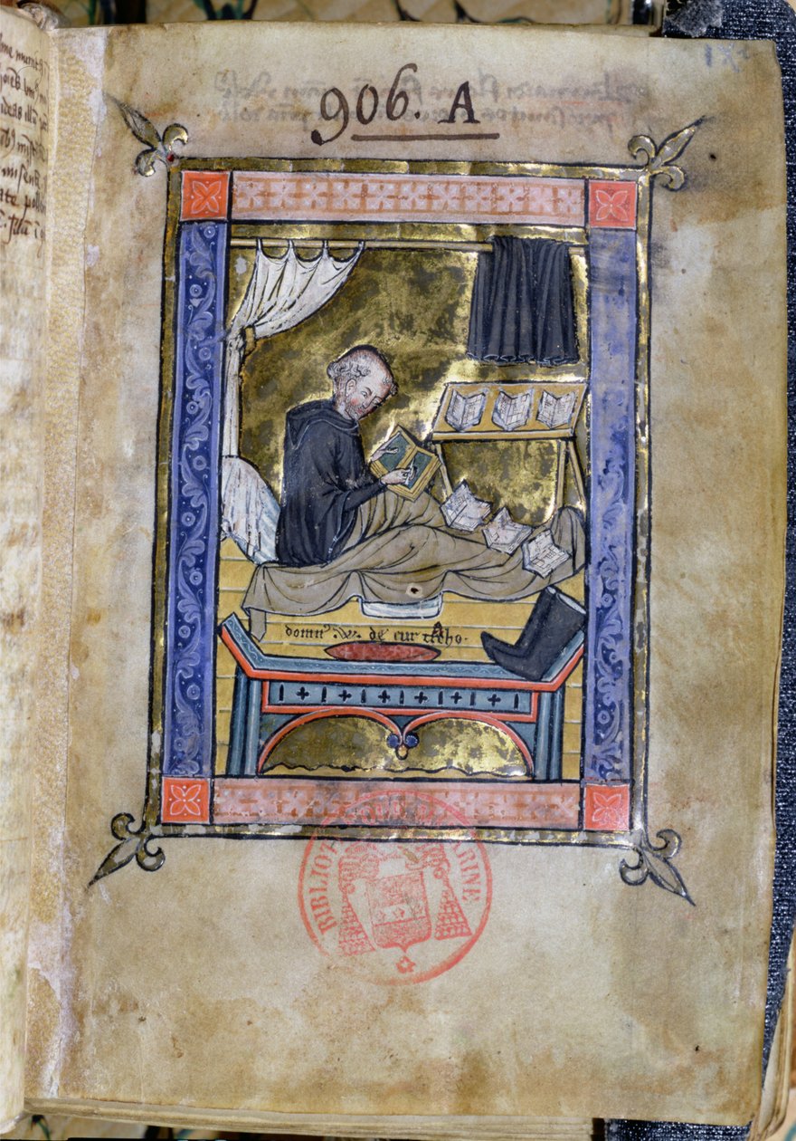 753 Fol.9 Monk女士在他的床上写作，来自Guillaume de Tournai的Flores Bernardi 作者 法语学校