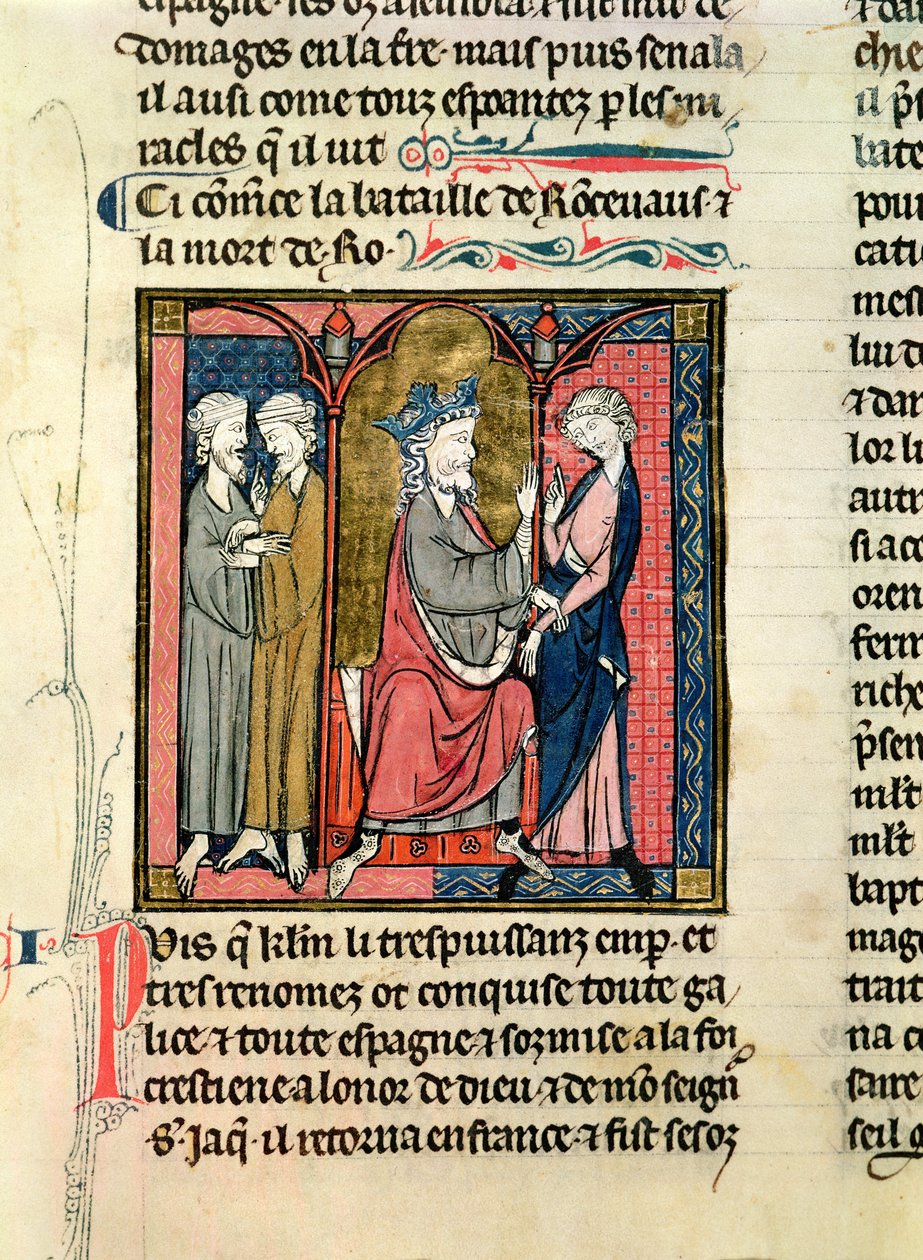 782 f.152r Charlemagne女士（742-814）将Ganelon送到Saragossan国王，Marsile和Baligant，来自Chroniques de Saint-Denis，c.1275 作者 法语学校