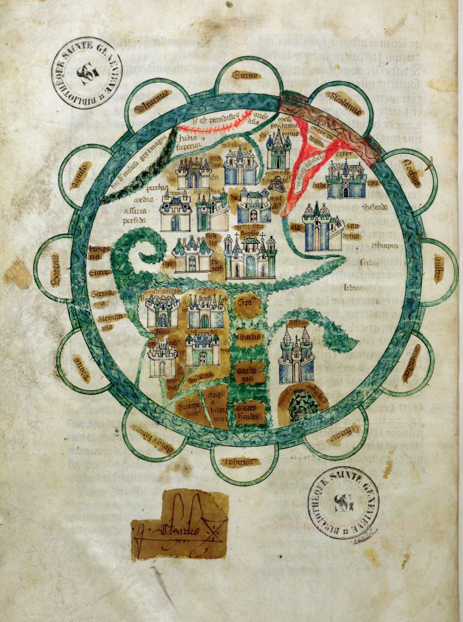 Ms 782 fol.16v。地球形式的世界地图，微型从Grandes Chroniques de Philippe le Hardi 作者 法语学校