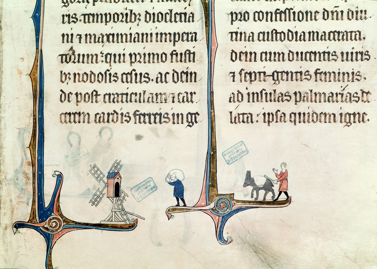 Ms 838 fol.55一名男子驾驶他的驴子携带小麦袋到风车，来自Obitaire de Notre Dame de Pres，1270年后 作者 法语学校