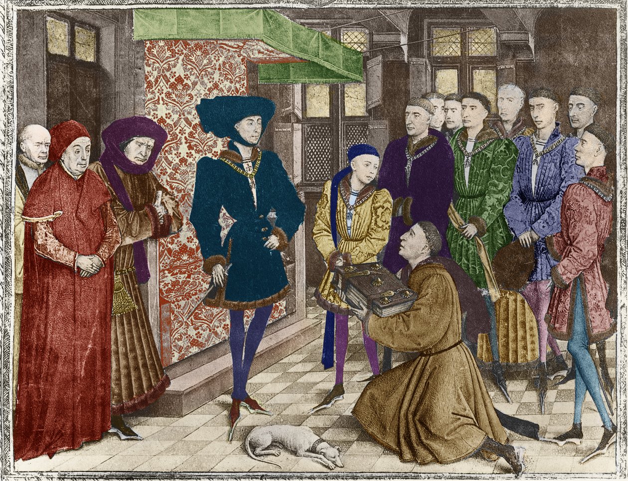 9242 Hainaut Chronicles女士，勃艮第公爵菲利普先生，在他的左边（后来的着色）向Jean Vauquelin，Charles the Bold翻译了Chronicles 作者 法语学校
