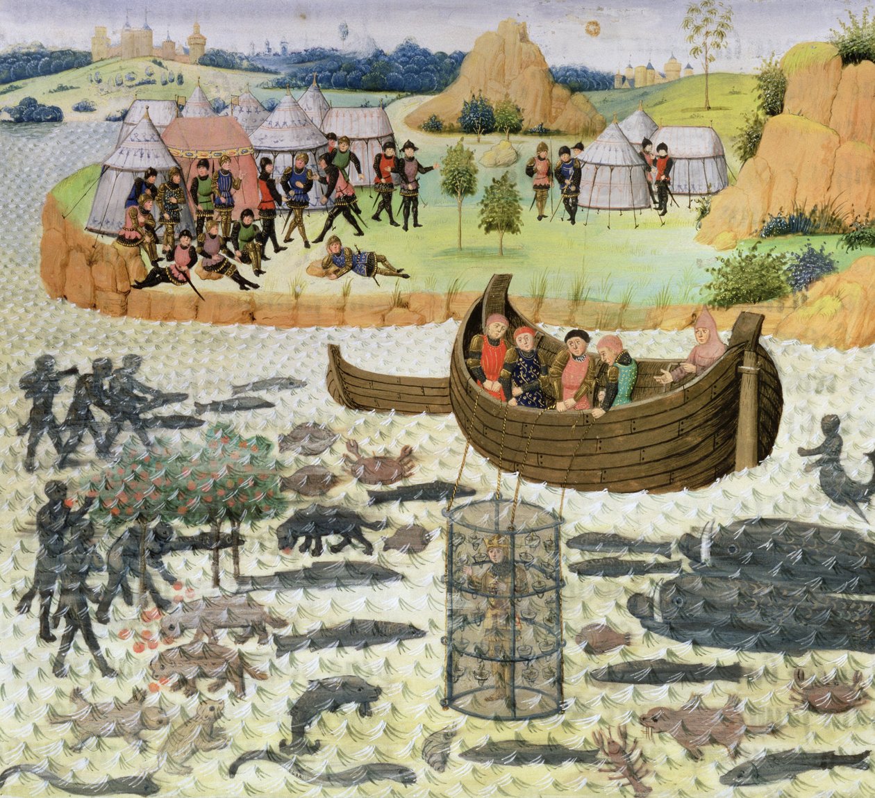 Ms 9342 Fol.182亚历山大大帝（公元前356-323）使用潜水钟 作者 法语学校
