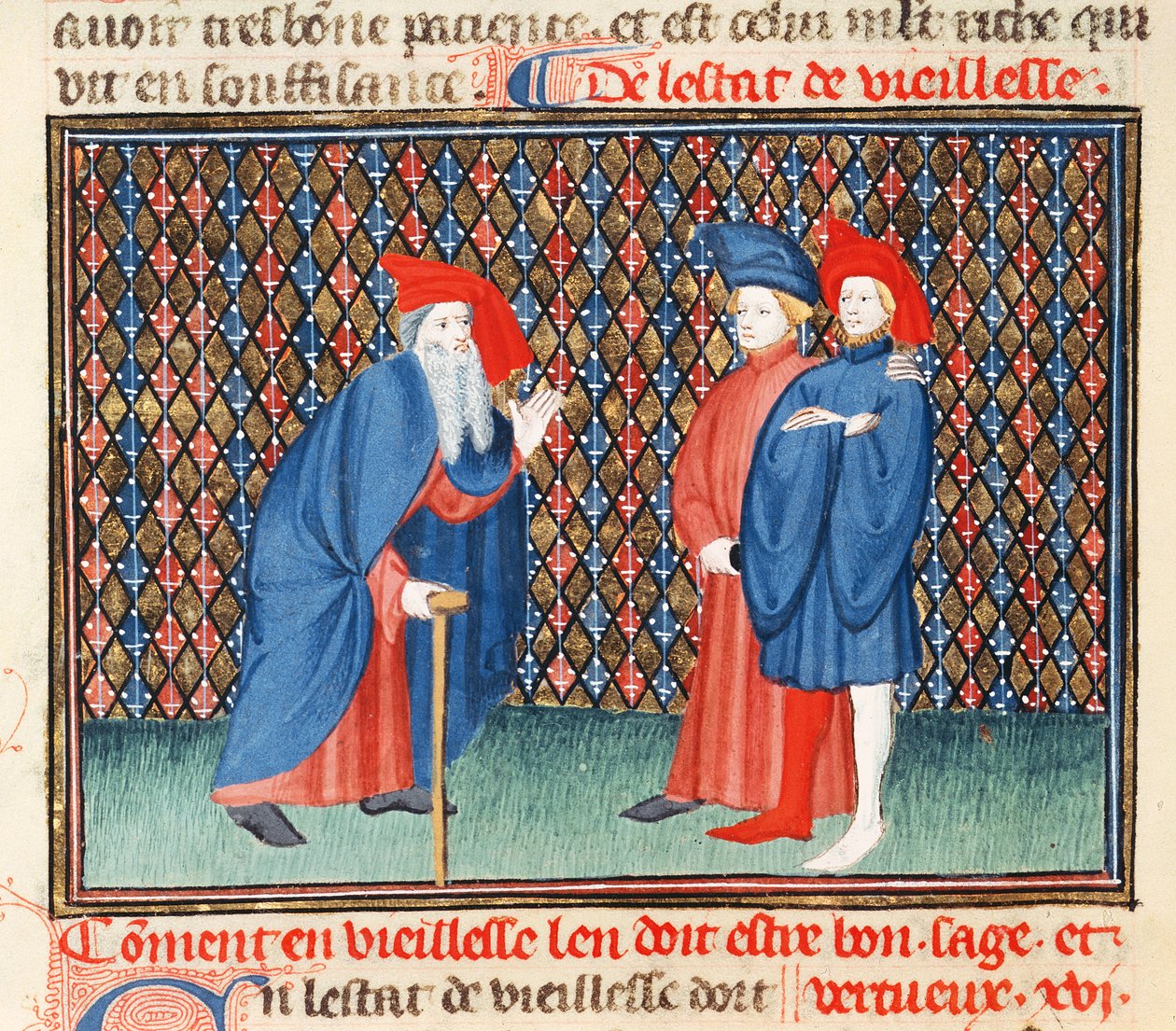 Ms 1023 fr.57v Jacques le Grant（1360-1415）“良好的道德”中老人必须如何善良，聪明和善良 作者 法语学校