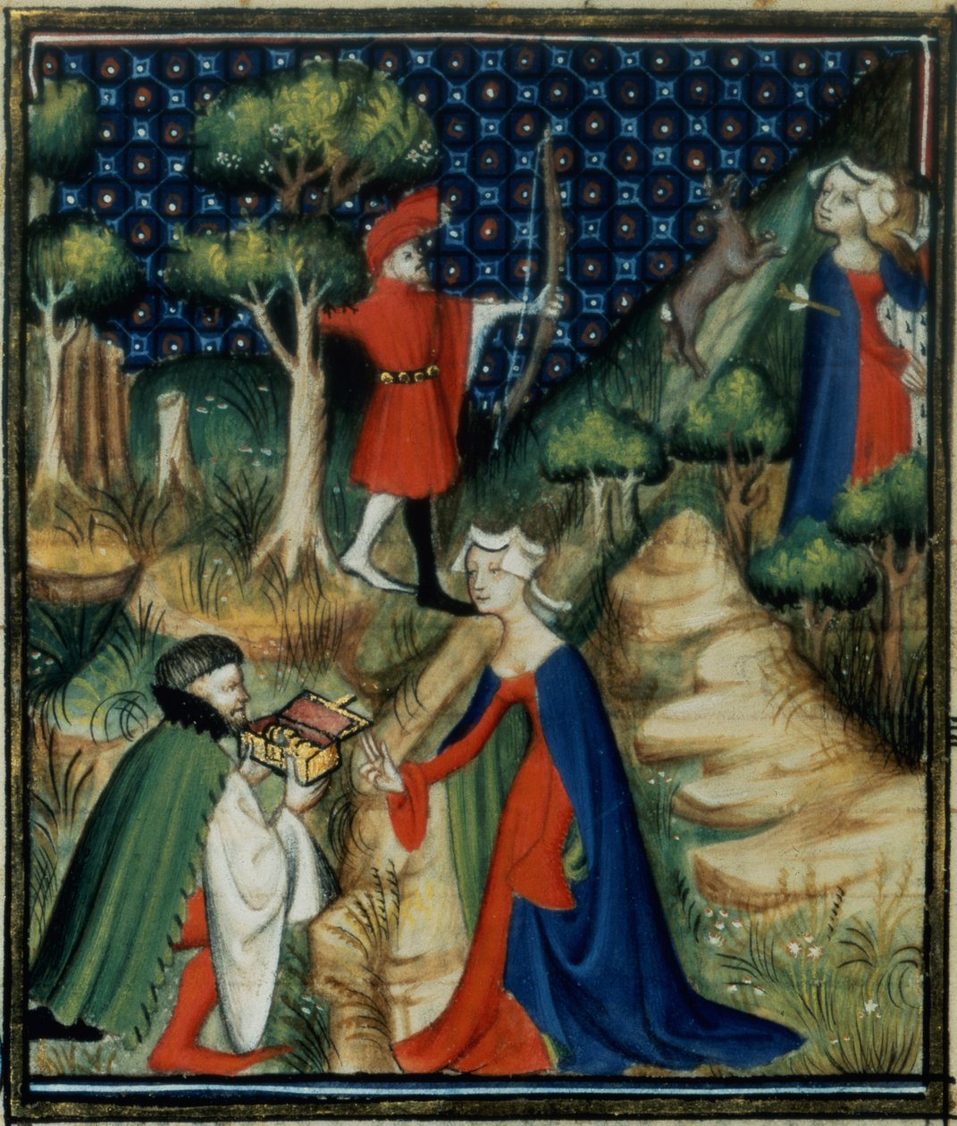 Fr 12420女士fol.139v。 Procris的故事，来自De Claris Mulieribus，来自Giovanni Boccaccio的作品（1313-75） 作者 法语学校