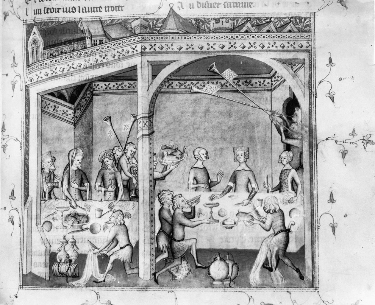 1584年女士音乐家在宴会上娱乐，c.1370（手稿） 作者 法语学校